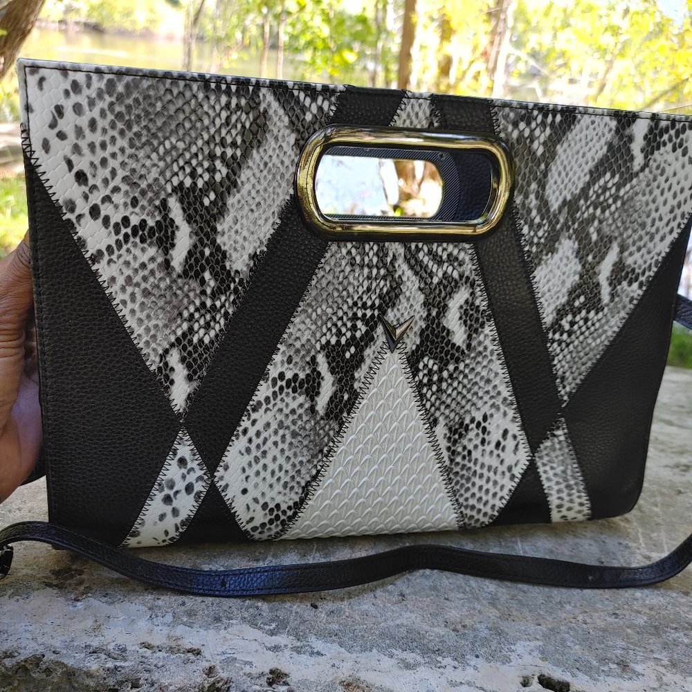 MVG Black and White Genuine Leather Croc Envelope Clutch